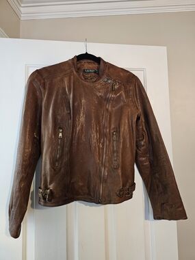 Lauren Ralph Lauren Cognac Brown Leather Bomber Jacket